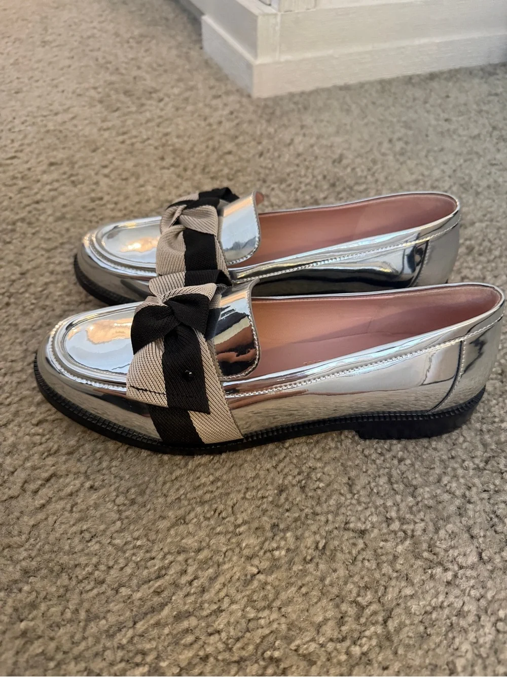 Kate Spade Silver Chrome Metallic Loafers with Black & Beige Bow